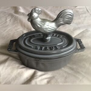 Staub Grey Rooster Mini Cocotte with Silver Rooster Knob